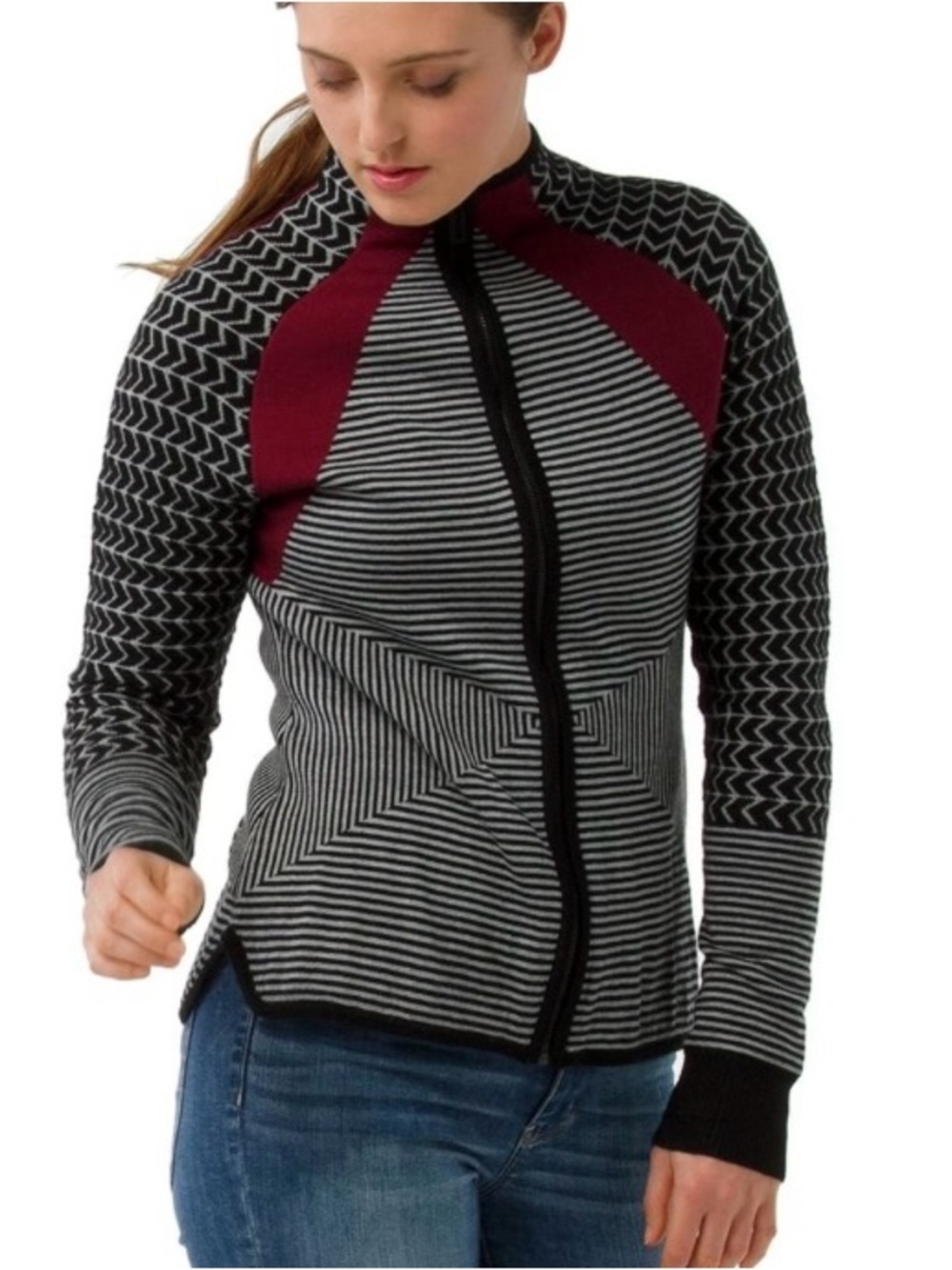 Smartwool Black Dacono Ski Full Zip Sweater Cardigan Jacket Stripe Gray Wool L